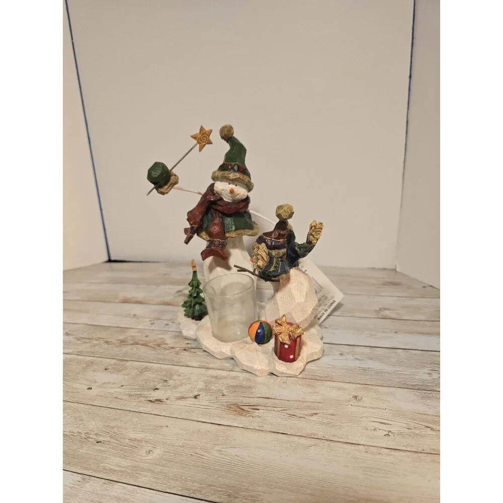 Vintage NOS‎ Snowman Votive Candle Holder Wooden Carved Heavy Sturdy